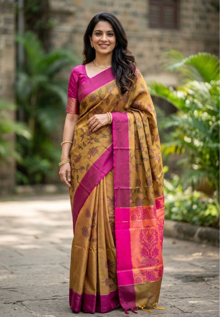 Woman wearing a mustard and gold Ikkat semi katan silk saree with rani pink pallu - Silk Ethnics