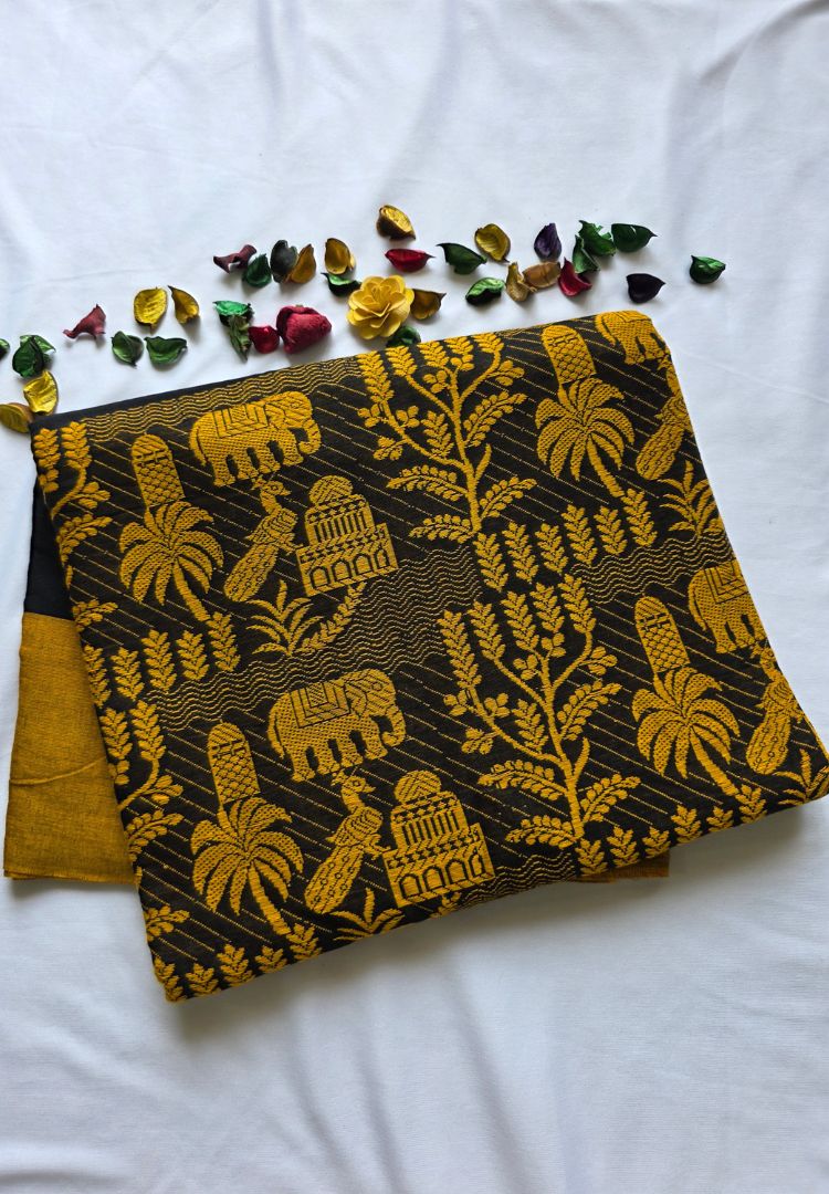 Mustard and Black thread weaving Dhaniakhali handloom cottton saree