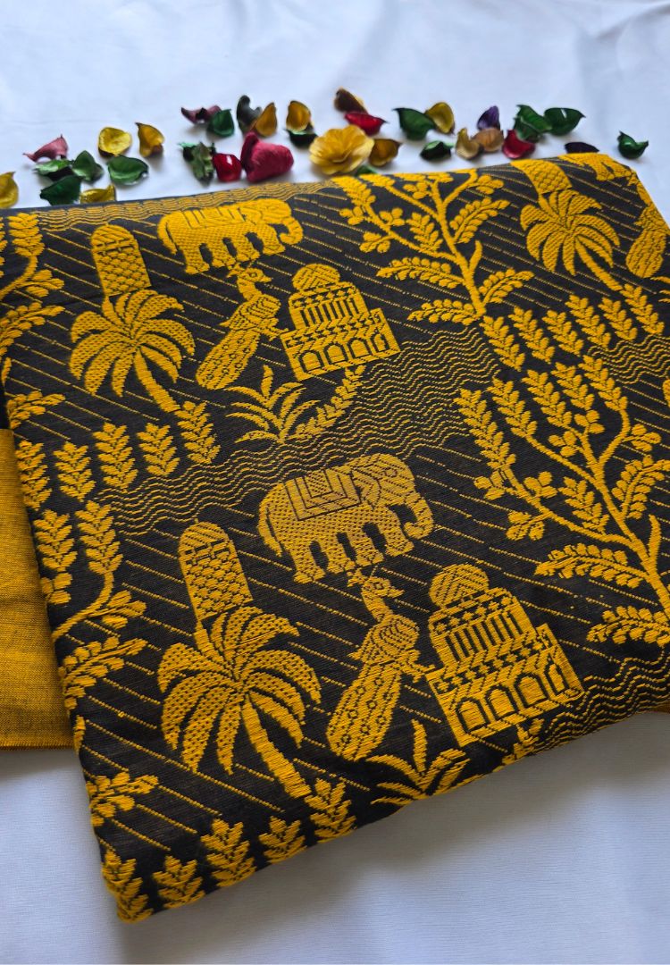 Mustard and Black thread weaving Dhaniakhali handloom cottton saree