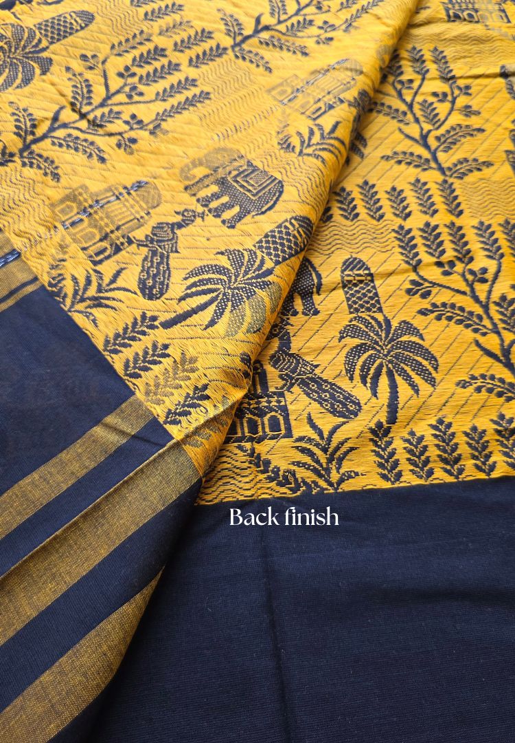 Mustard and Black thread weaving Dhaniakhali handloom cottton saree