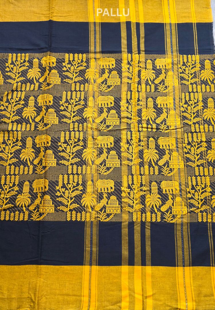 Mustard and Black thread weaving Dhaniakhali handloom cottton saree