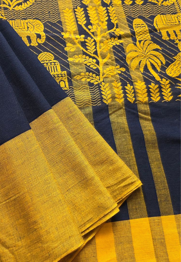 Mustard and Black thread weaving Dhaniakhali handloom cottton saree