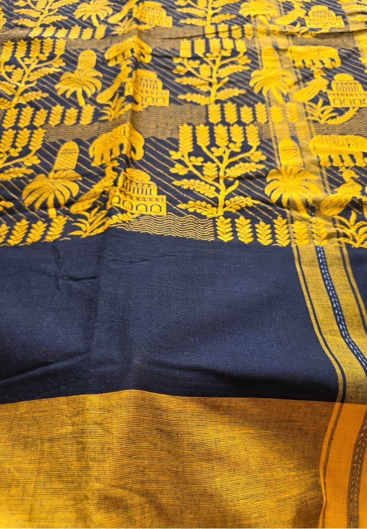Mustard and Black thread weaving Dhaniakhali handloom cottton saree