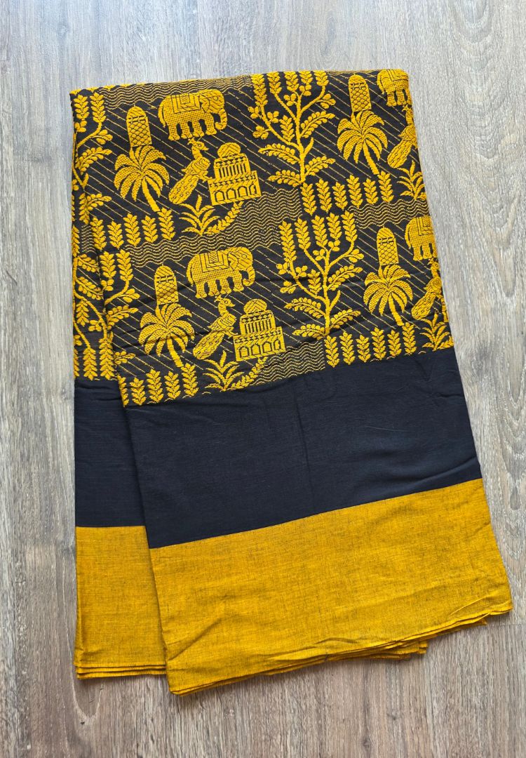 Mustard and Black thread weaving Dhaniakhali handloom cottton saree