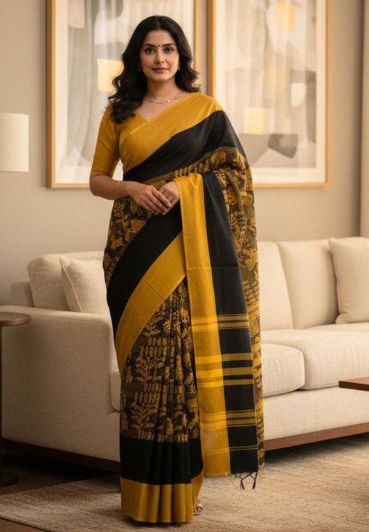 Mustard and Black thread weaving Dhaniakhali handloom cottton saree