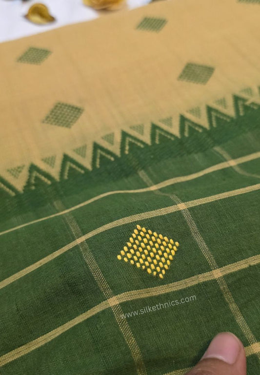 Mustard Yellow and Green Dhaniakhali Handloom Ikkat Cotton saree