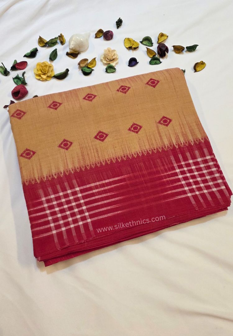 Mustard Yellow and Red Dhaniakhali Handloom Ikkat Cotton saree