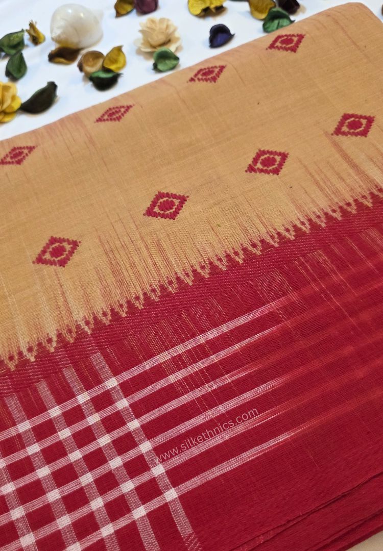 Mustard Yellow and Red Dhaniakhali Handloom Ikkat Cotton saree