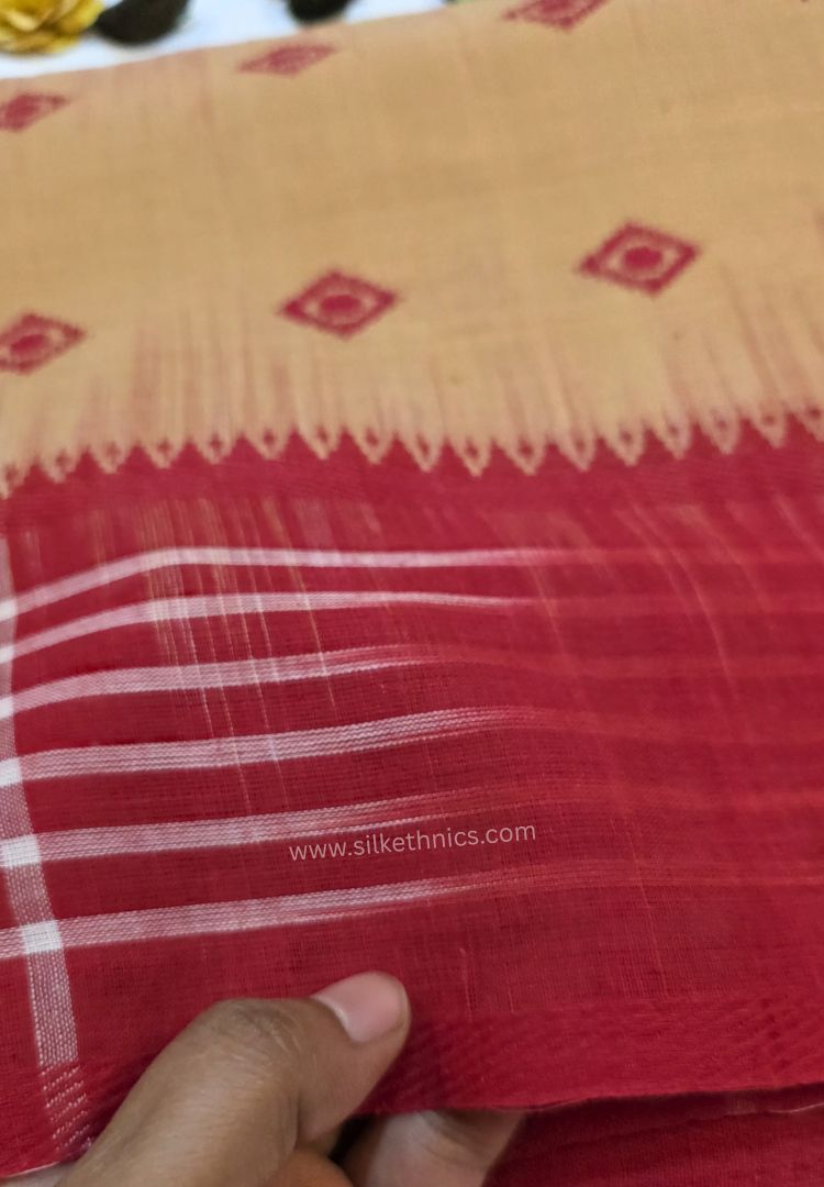 Mustard Yellow and Red Dhaniakhali Handloom Ikkat Cotton saree
