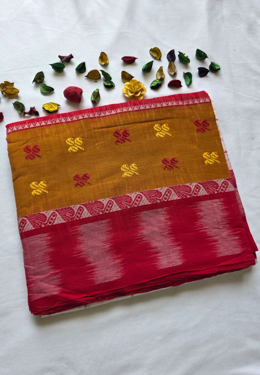 Mustard Red and White Dhaniakhali  Ikkat handloom cottton saree