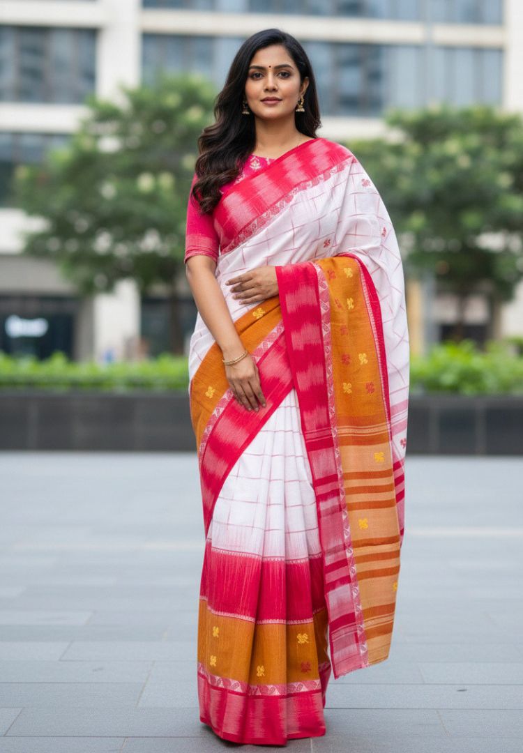 Mustard Red and White Dhaniakhali  Ikkat handloom cottton saree