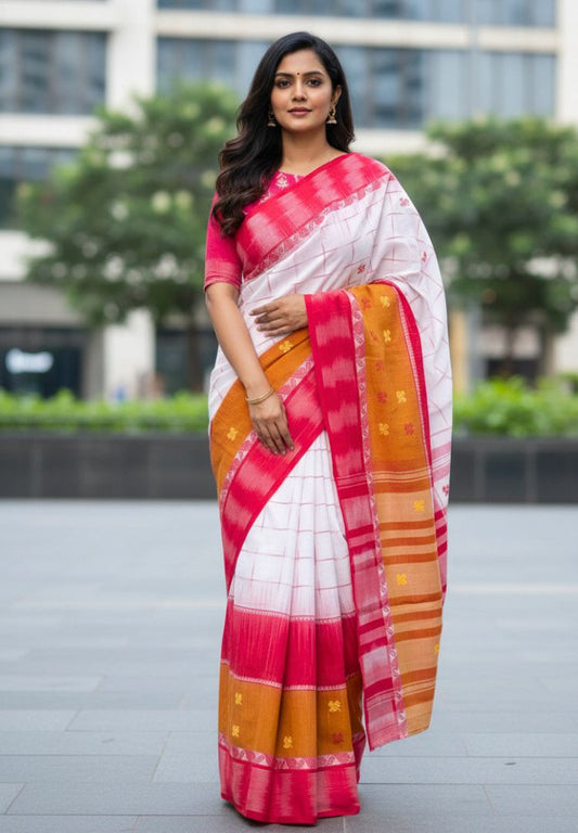 Mustard Red and White Dhaniakhali  Ikkat handloom cottton saree