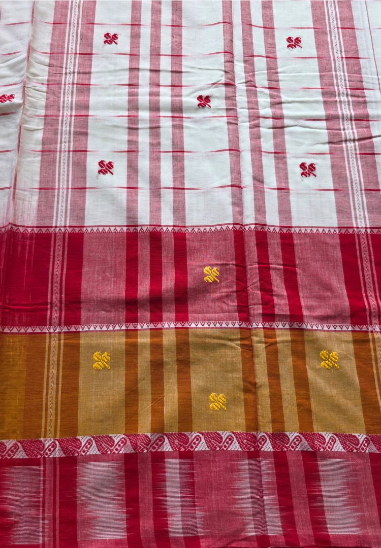 Mustard Red and White Dhaniakhali  Ikkat handloom cottton saree