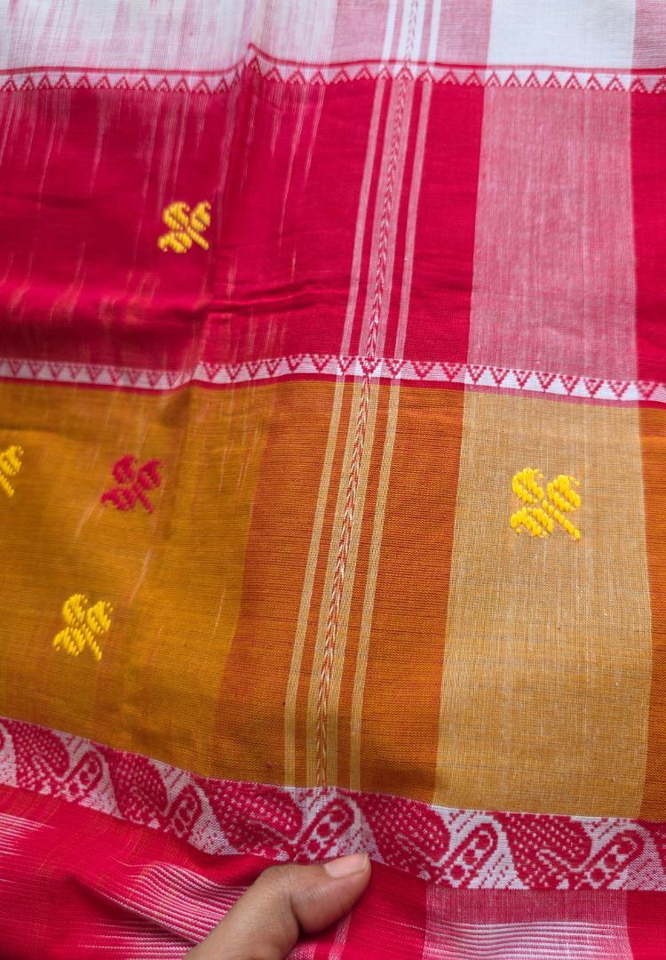 Mustard Red and White Dhaniakhali  Ikkat handloom cottton saree