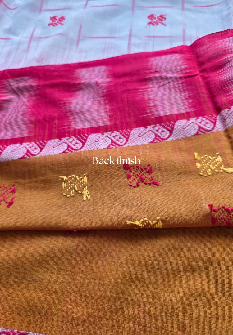 Mustard Red and White Dhaniakhali  Ikkat handloom cottton saree