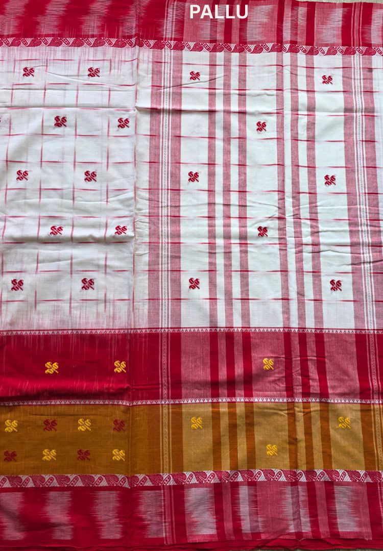 Mustard Red and White Dhaniakhali  Ikkat handloom cottton saree
