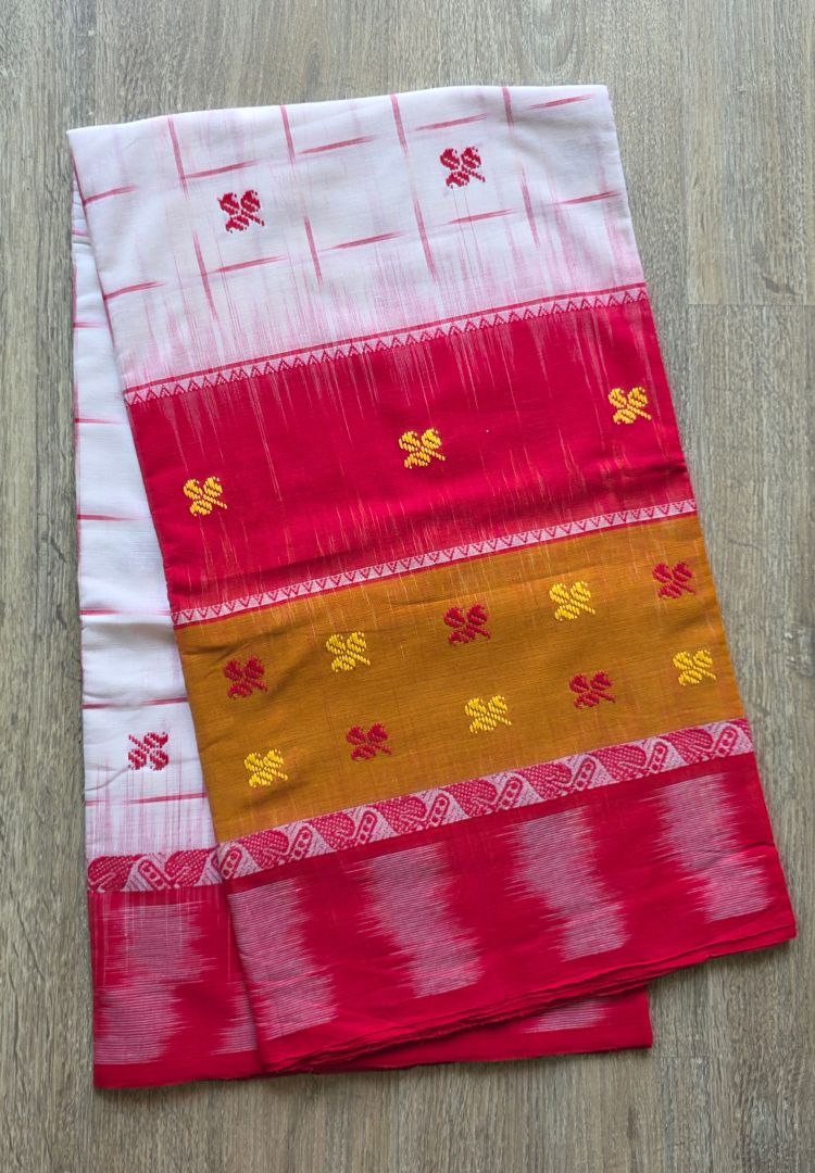 Mustard Red and White Dhaniakhali  Ikkat handloom cottton saree
