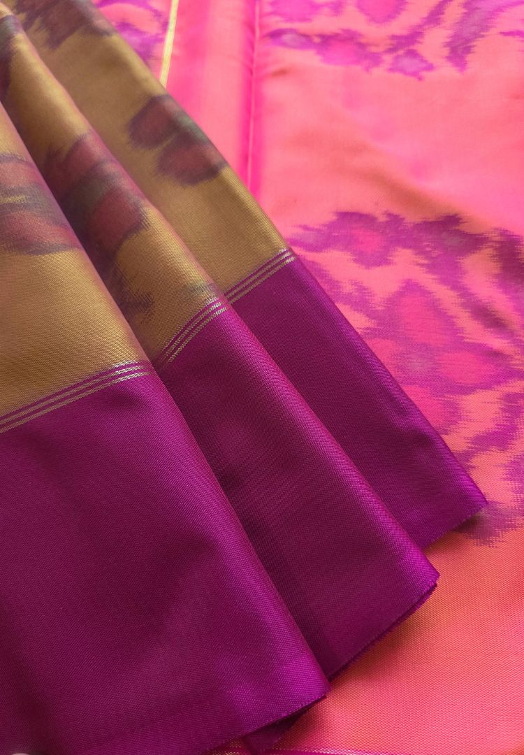 Magenta border and rani pink pallu of a mustard and gold semi katan silk saree
