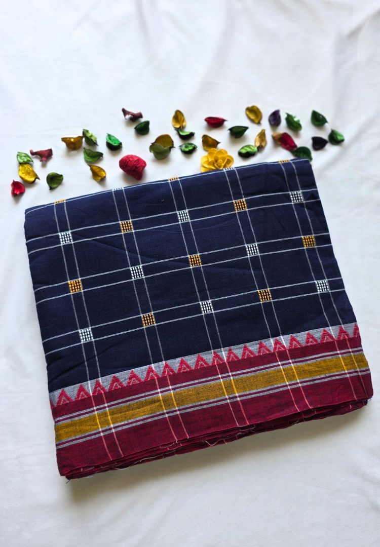 Navy and White checks Ikkat weaving Dhaniakhali cotton saree