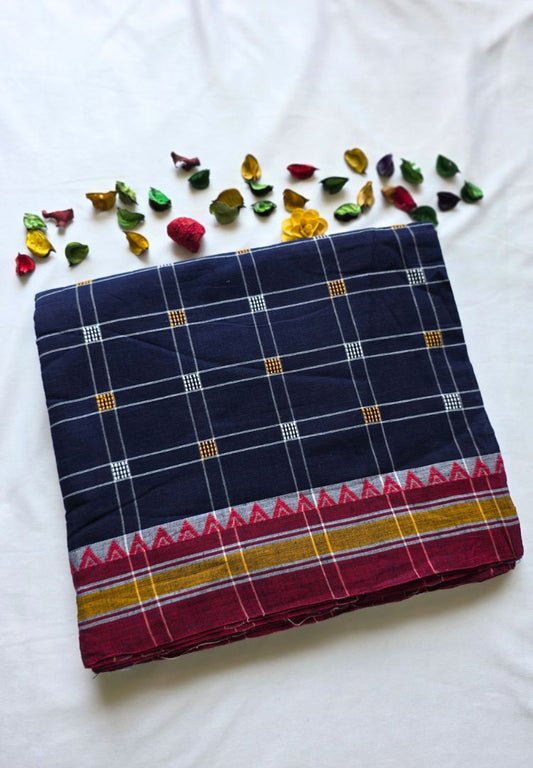 Navy and White checks Ikkat weaving Dhaniakhali cotton saree