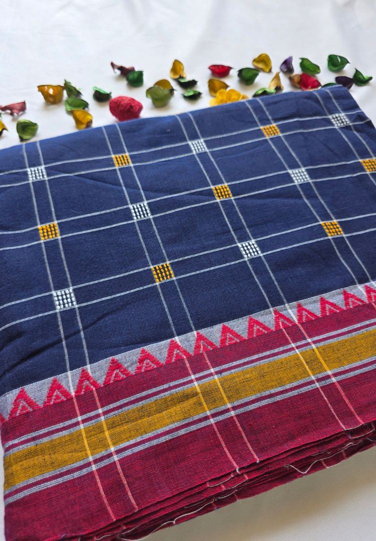 Navy and White checks Ikkat weaving Dhaniakhali cotton saree