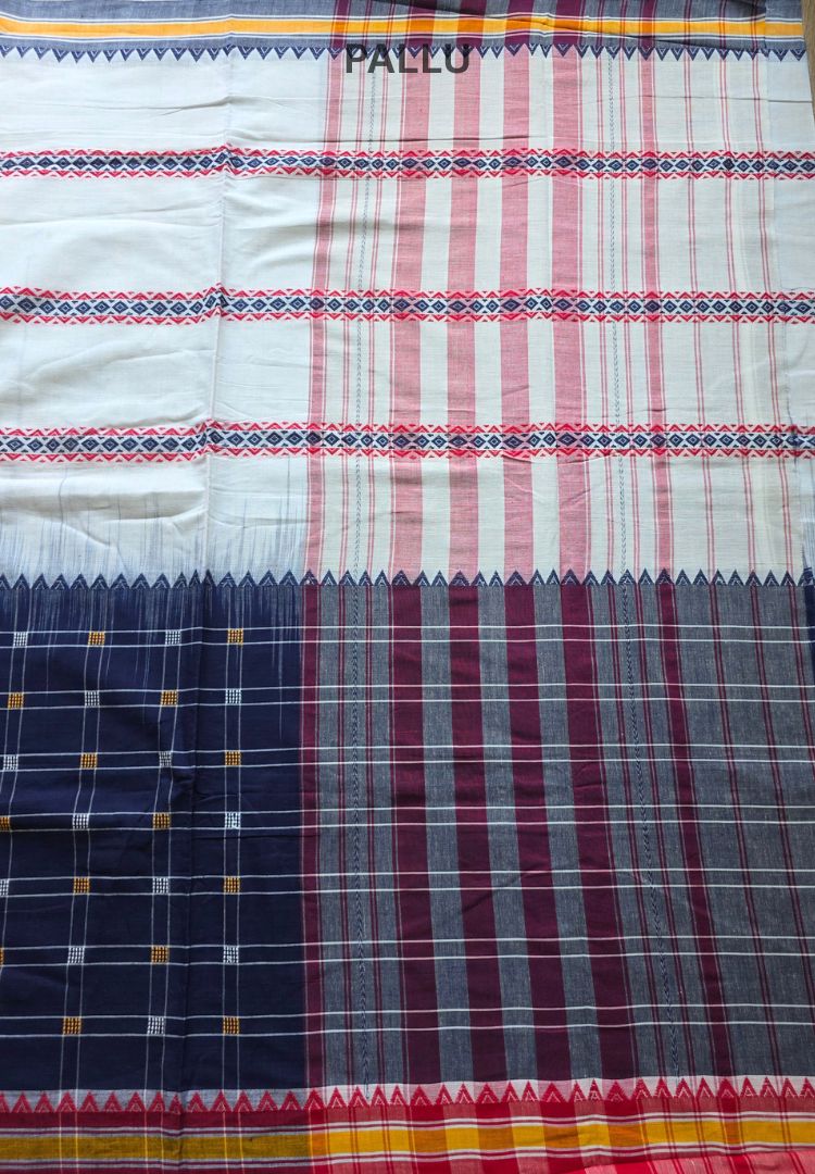 Navy and White checks Ikkat weaving Dhaniakhali cotton saree