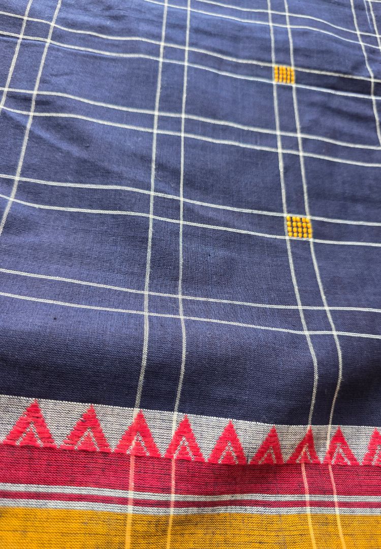 Navy and White checks Ikkat weaving Dhaniakhali cotton saree