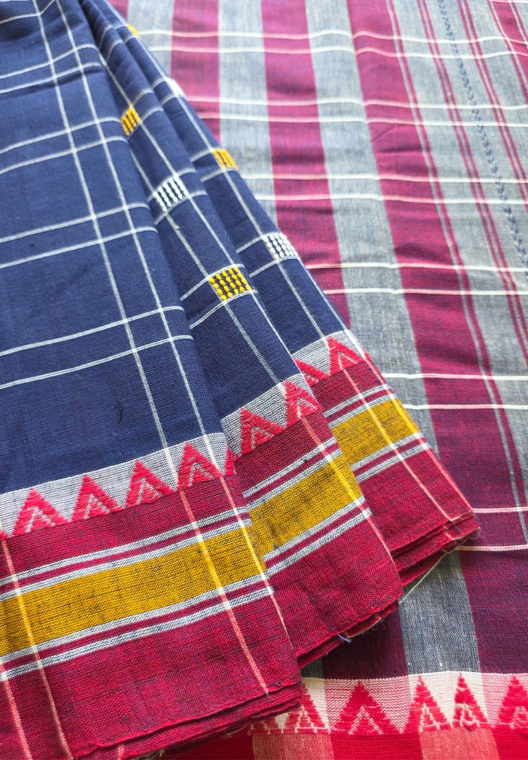 Navy and White checks Ikkat weaving Dhaniakhali cotton saree