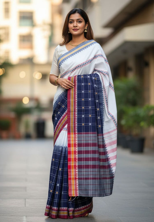 Navy and White checks Ikkat weaving Dhaniakhali cotton saree