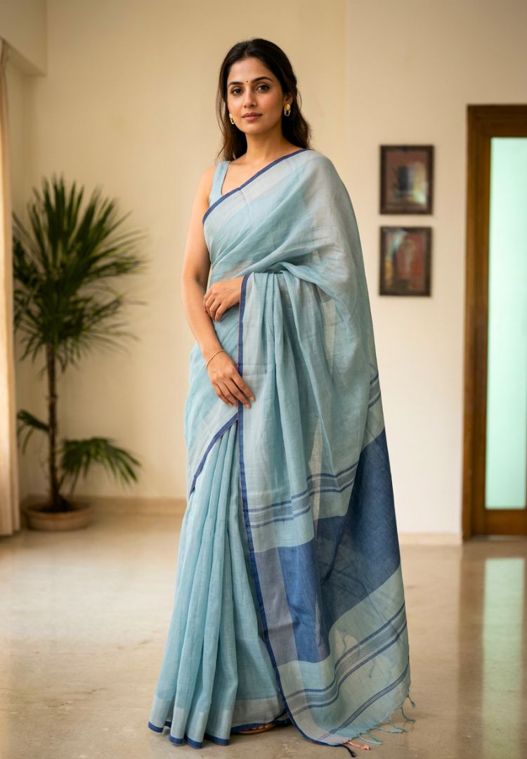 Ocean blue Varnika handloom linen saree by Silk Ethnics
