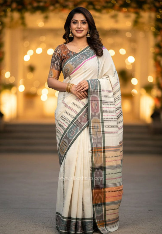 Off white Dhaniakhali Handloom Ikkat Cotton saree