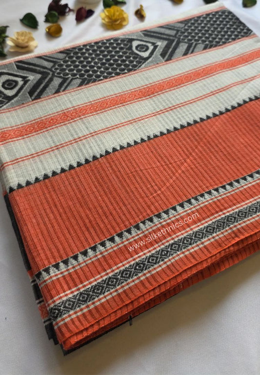 Off white and Orange Dhaniakhali Handloom Ikkat Cotton saree