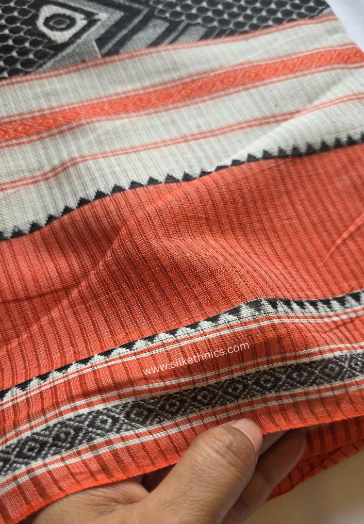 Off white and Orange Dhaniakhali Handloom Ikkat Cotton saree