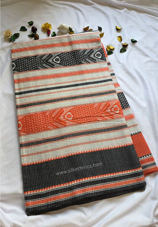Off white and Orange Dhaniakhali Handloom Ikkat Cotton saree