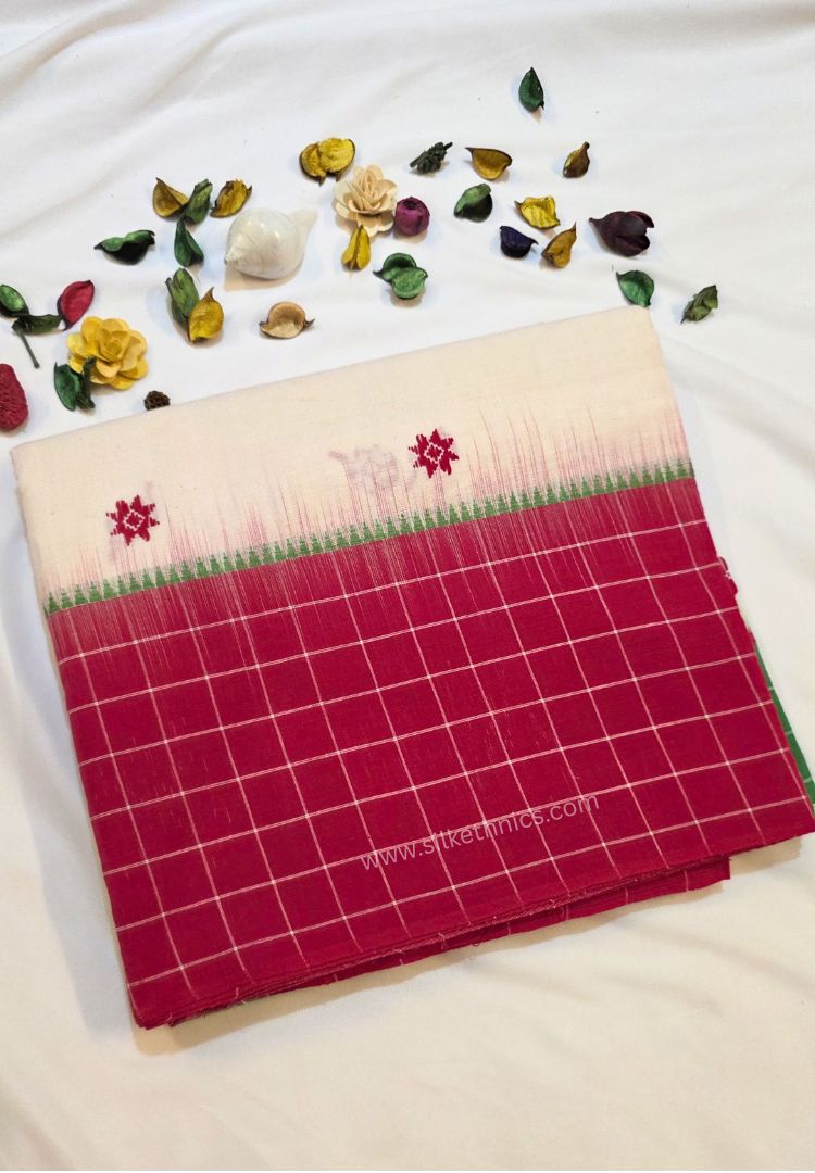 Red and White Dhaniakhali Bengal Handloom Ikkat Cotton saree