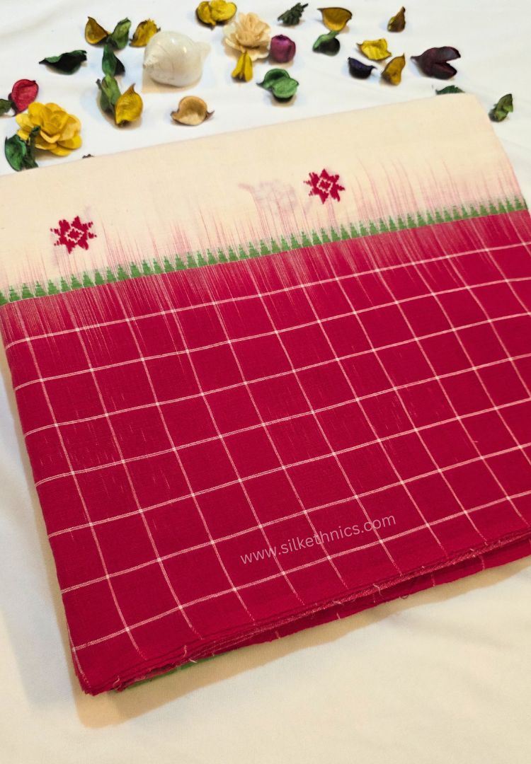 Red and White Dhaniakhali Bengal Handloom Ikkat Cotton saree