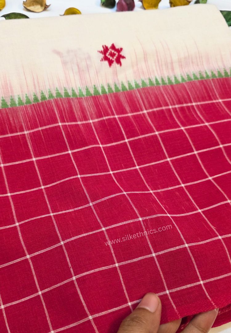 Red and White Dhaniakhali Bengal Handloom Ikkat Cotton saree