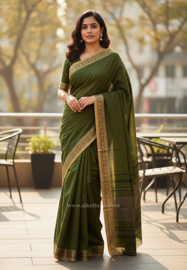 Olive Green Dhaniakhali Handloom Cotton saree ( Pre-order)