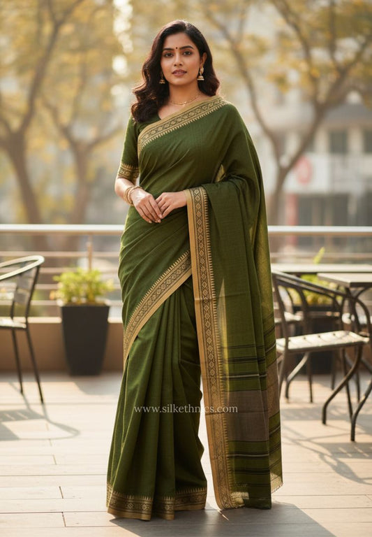 Olive Green Dhaniakhali Handloom Cotton saree