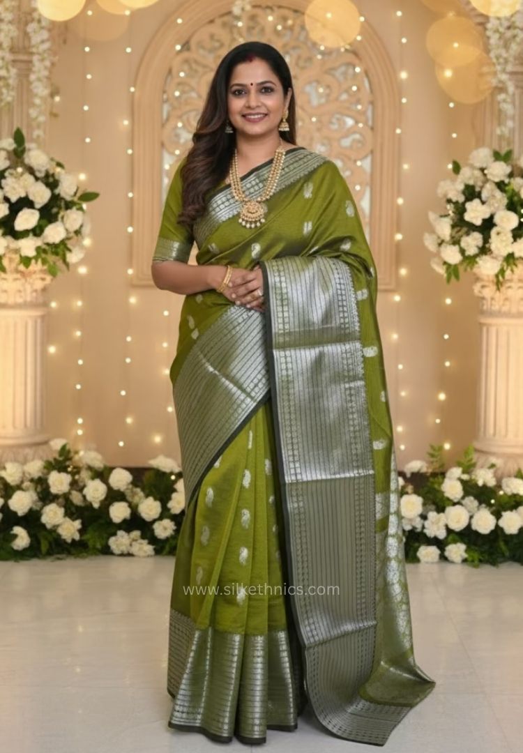 Olive Green pure Mangalagiri silk saree | Alekya Collection