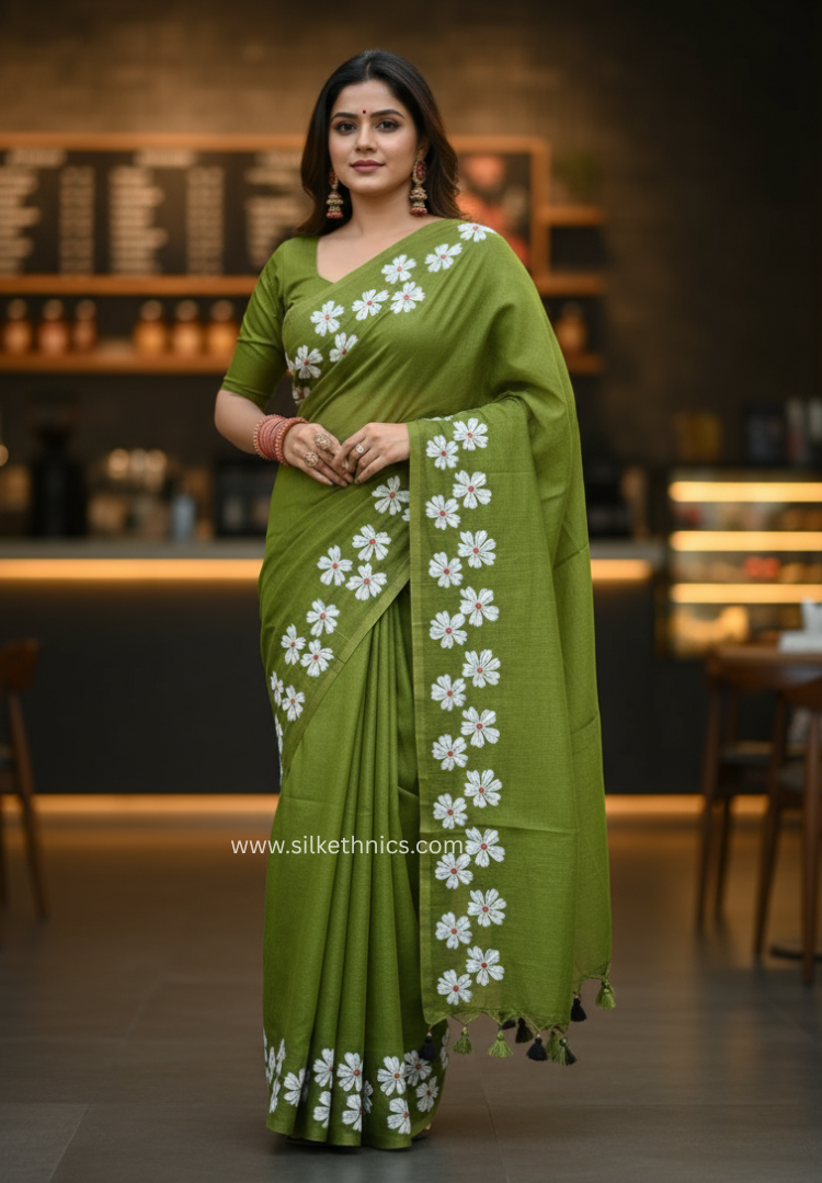 Olive green Swetha mulcotton saree