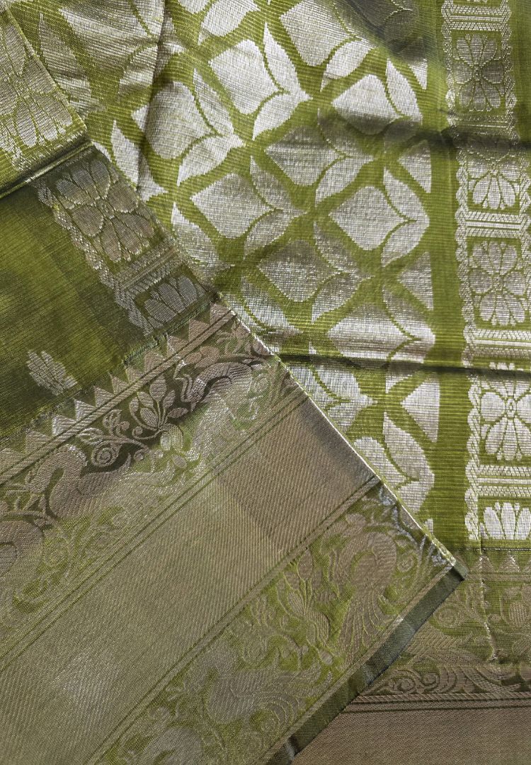 Bright Olive Green pure Mangalagiri silk saree | Alekya Collection