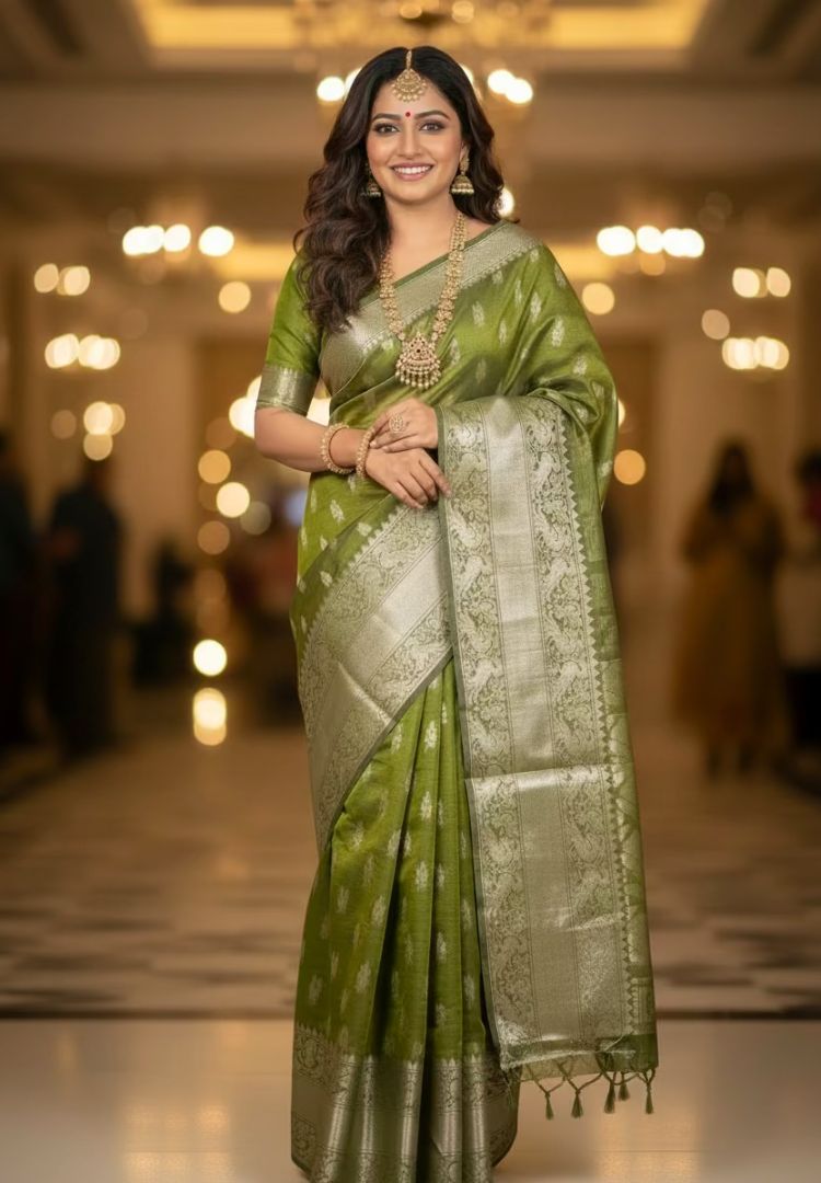 Bright Olive Green pure Mangalagiri silk saree | Alekya Collection