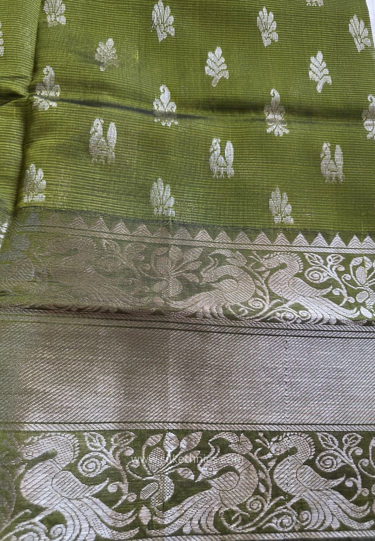 Bright Olive Green pure Mangalagiri silk saree | Alekya Collection