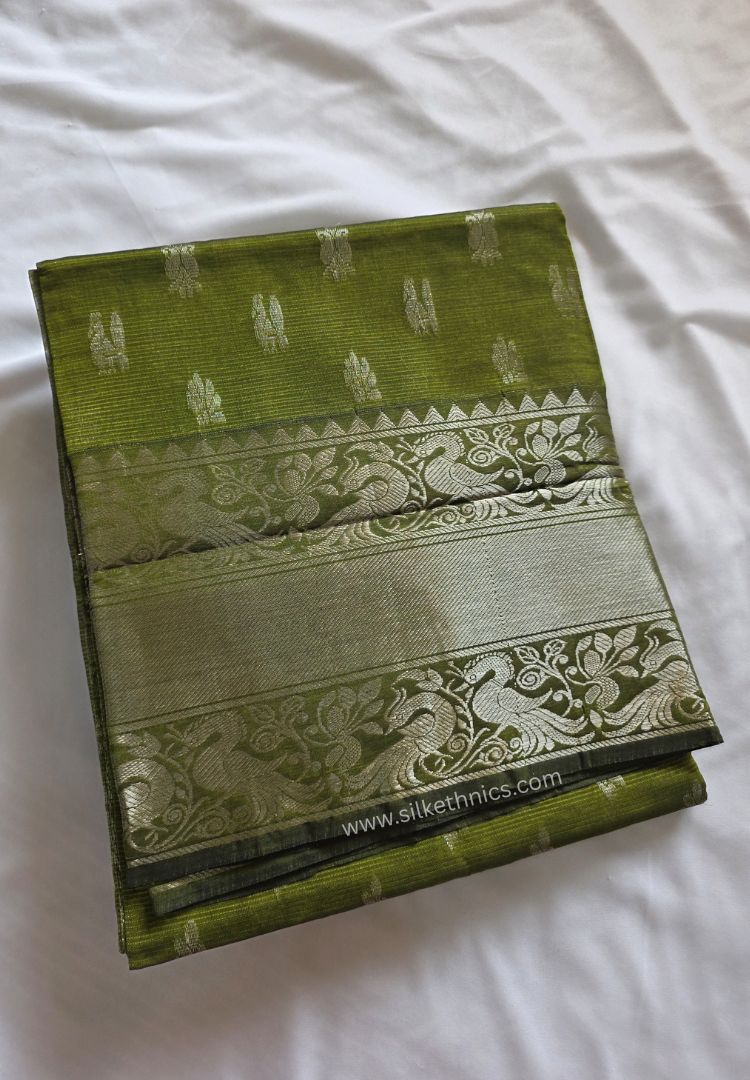 Bright Olive Green pure Mangalagiri silk saree | Alekya Collection