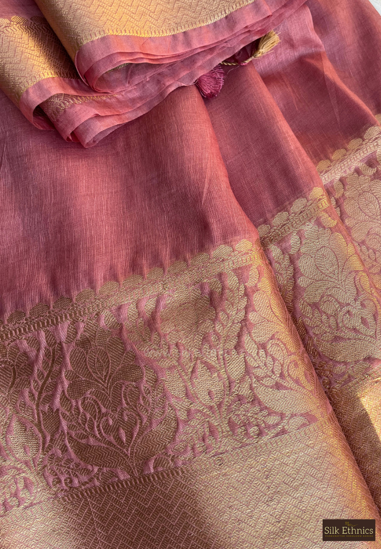 Onion pink Srija Banarasi linen saree