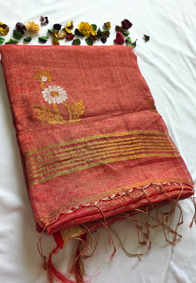 Metallic Orange jamdani weaving Tissue Linen handloom Saree