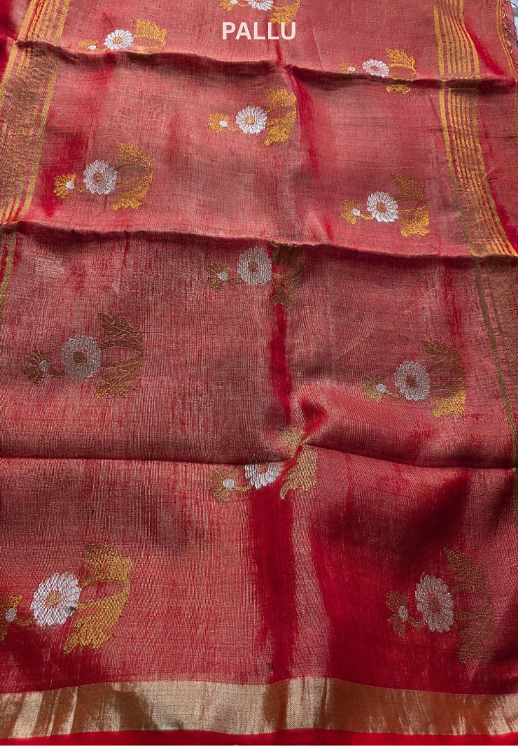 Metallic Orange jamdani weaving Tissue Linen handloom Saree