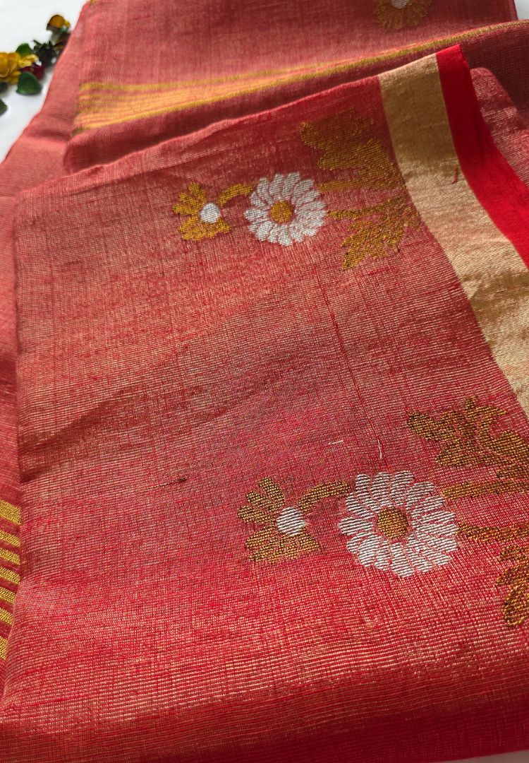 Metallic Orange jamdani weaving Tissue Linen handloom Saree