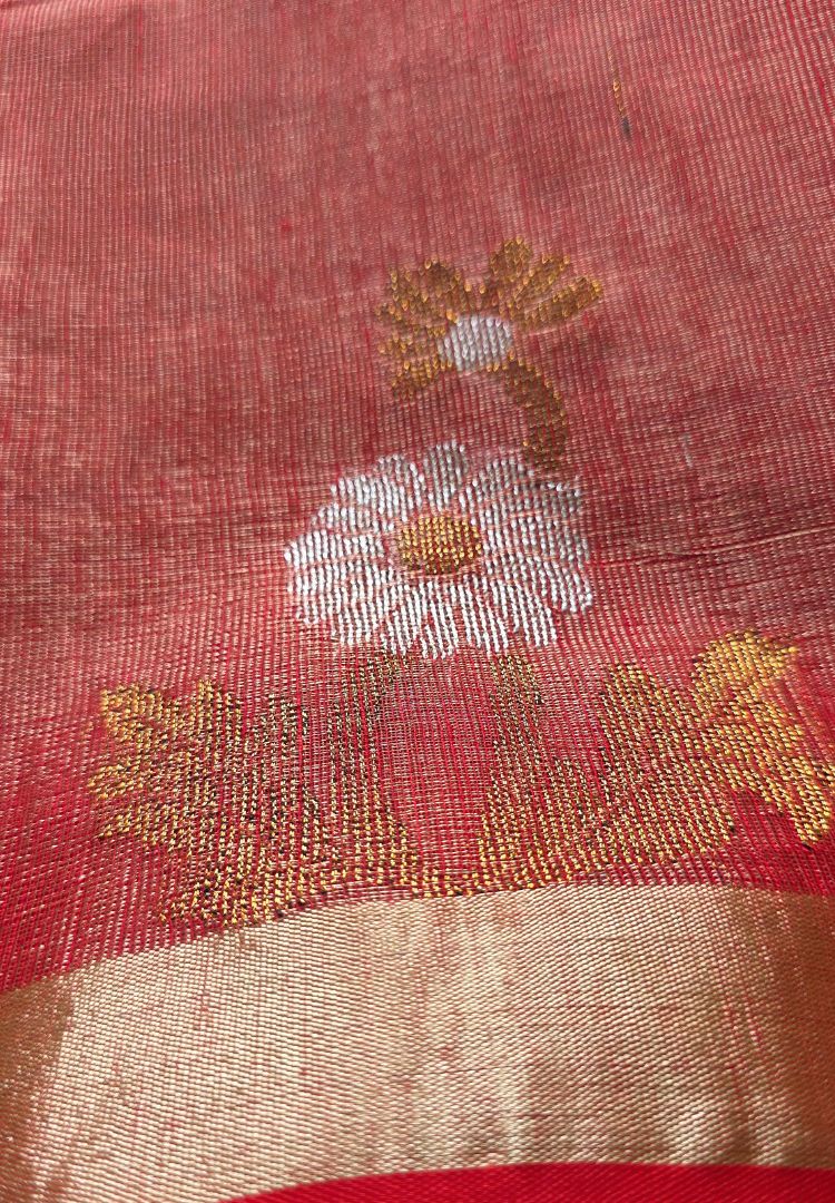 Metallic Orange jamdani weaving Tissue Linen handloom Saree